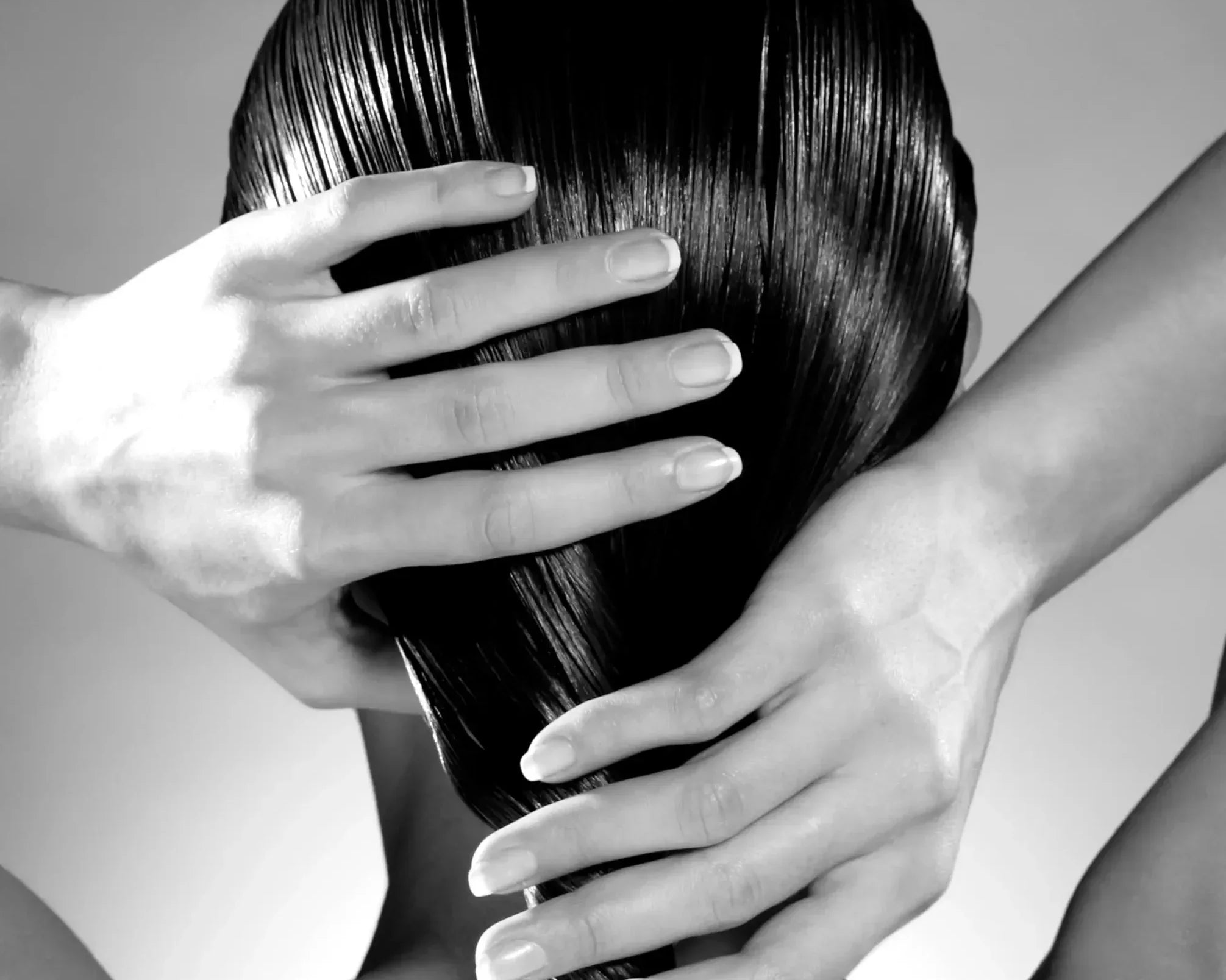 black and white back view of a woman holding her dark wet hair